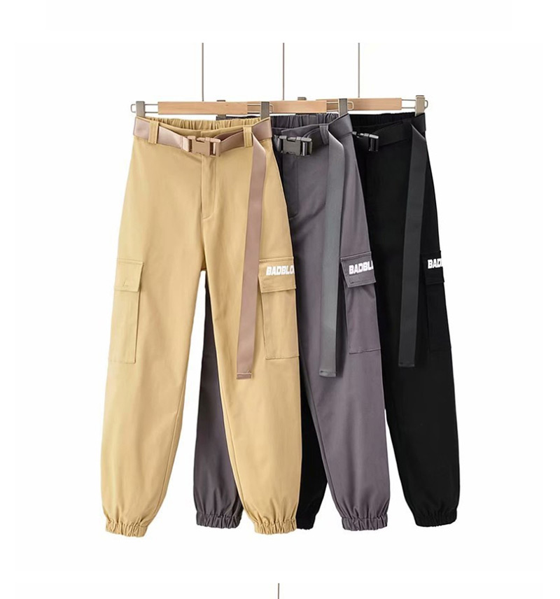 Fashion Black Letter Print Pockets With Belt Overalls,Pants