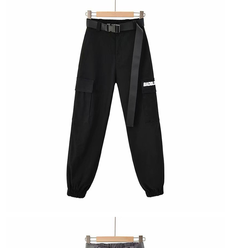 Fashion Black Letter Print Pockets With Belt Overalls,Pants
