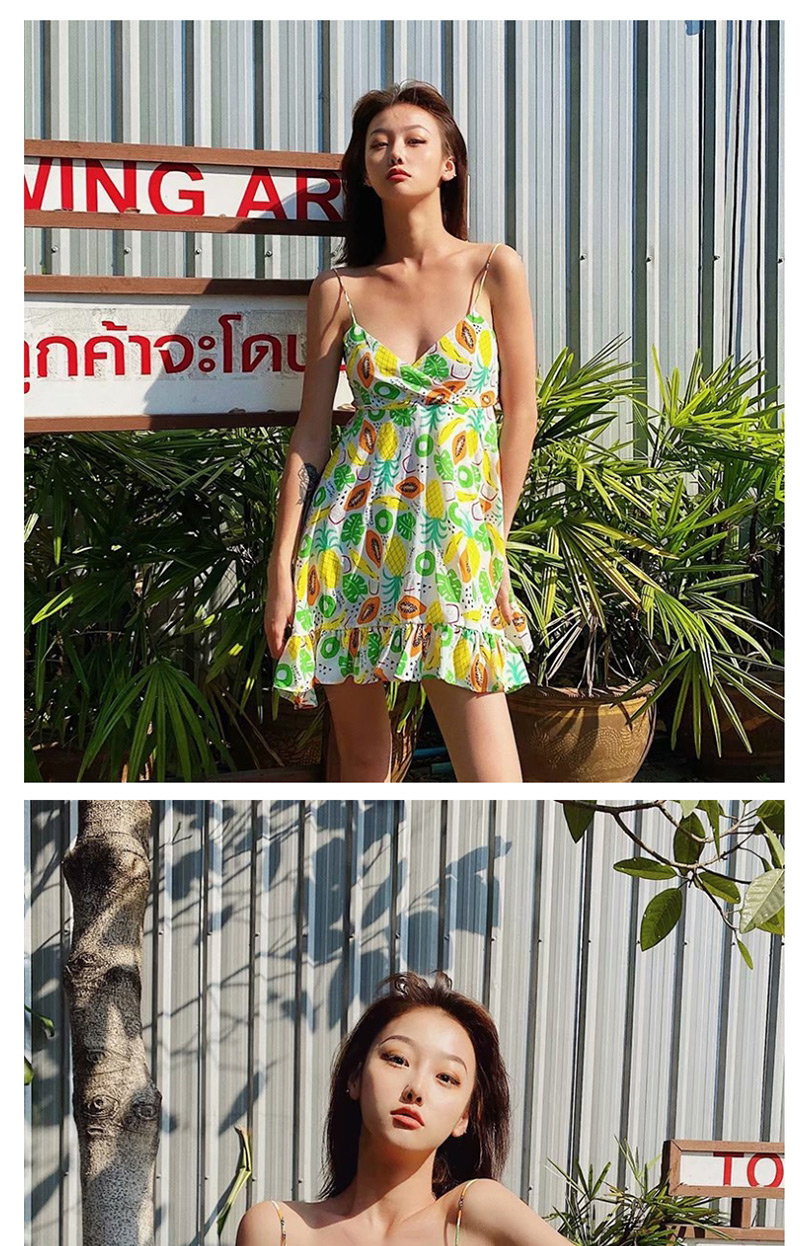 Fashion Tropical Fruit Pineapple Chiffon Floral Print Sling Ruffled Dress,Mini & Short Dresses