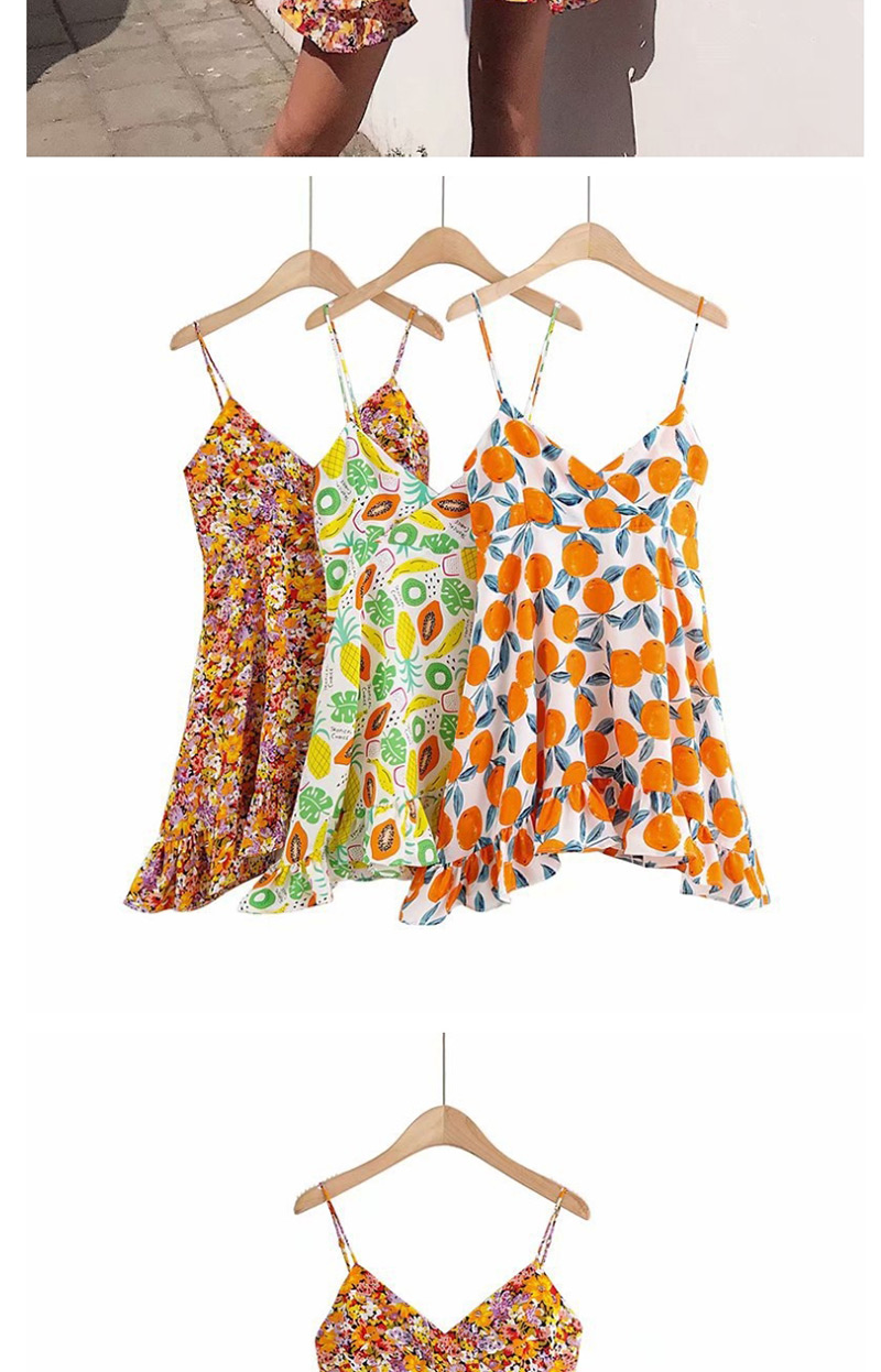 Fashion Orange Chiffon Floral Print Sling Ruffled Dress,Mini & Short Dresses