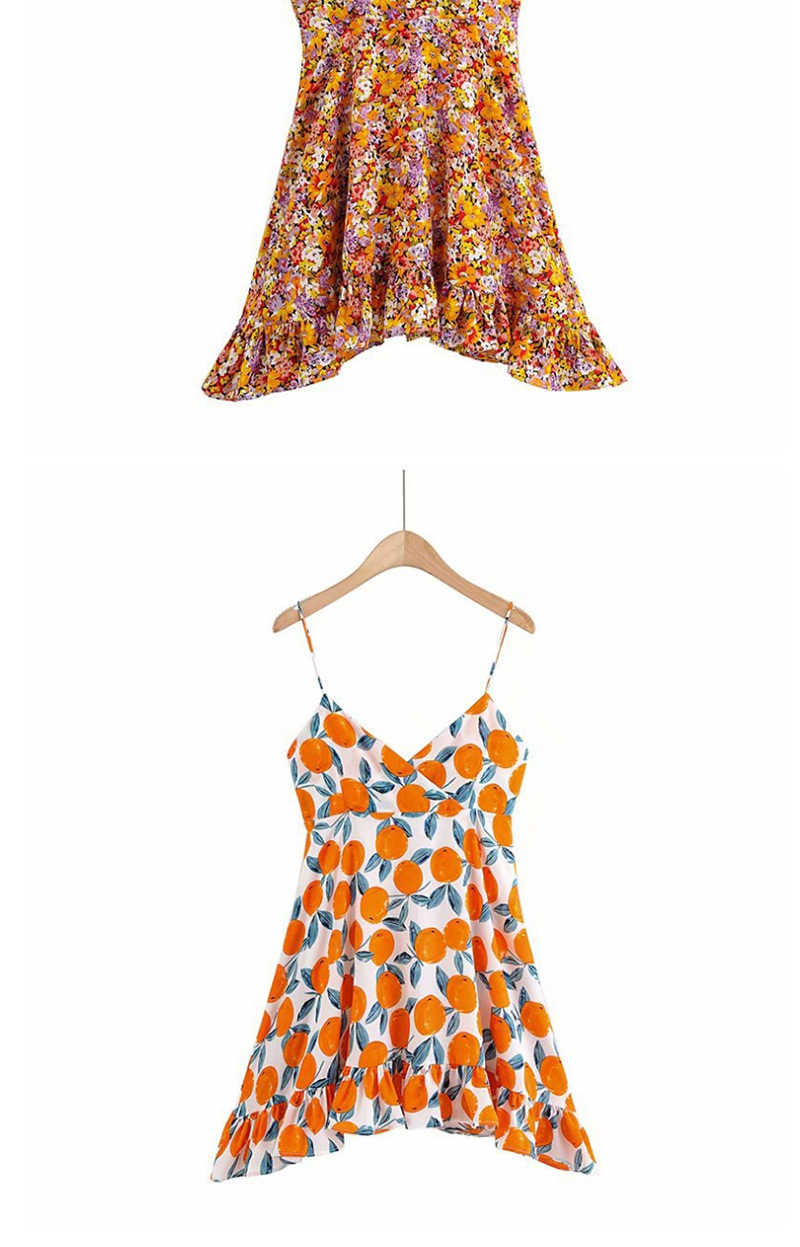 Fashion Orange Chiffon Floral Print Sling Ruffled Dress,Mini & Short Dresses