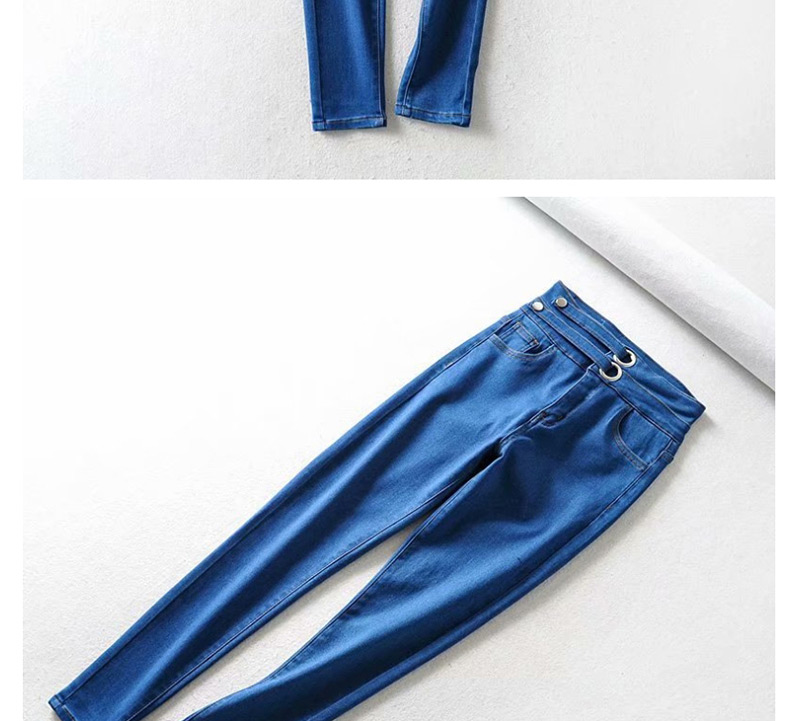 Fashion Blue Washed Buckled Panel Skinny Jeans,One Pieces