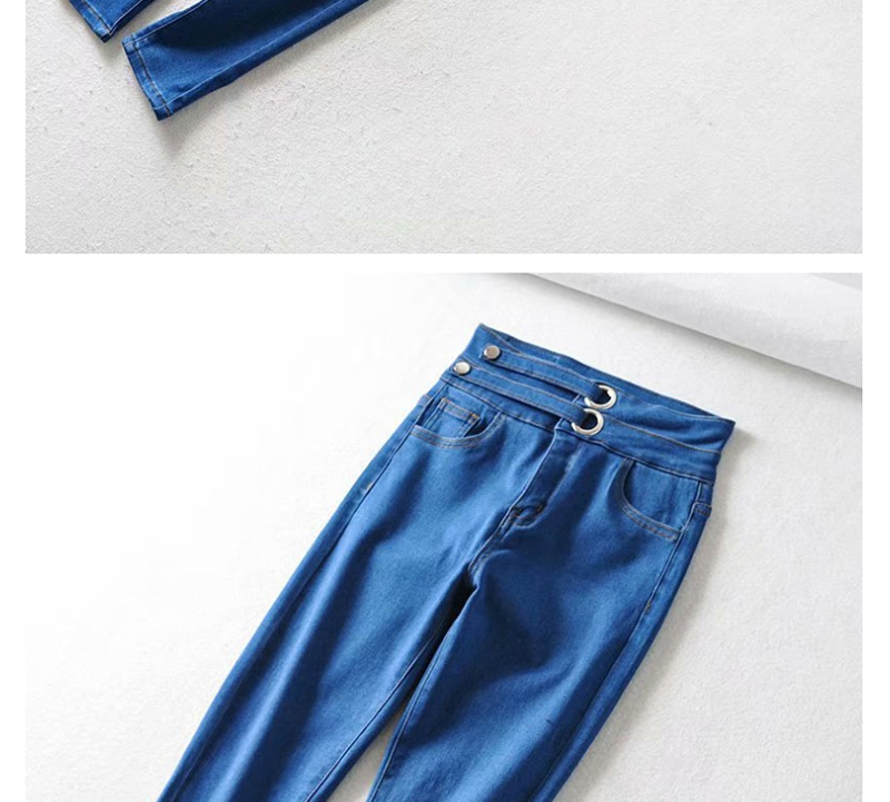 Fashion Blue Washed Buckled Panel Skinny Jeans,One Pieces