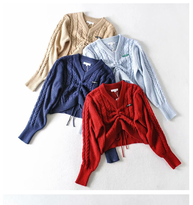 Fashion Blue V-neck Front Drawstring Pullover Loose Cropped Sweater,Sweater