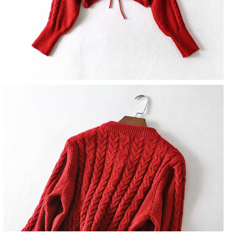 Fashion Crimson V-neck Front Drawstring Pullover Loose Cropped Sweater,Sweater