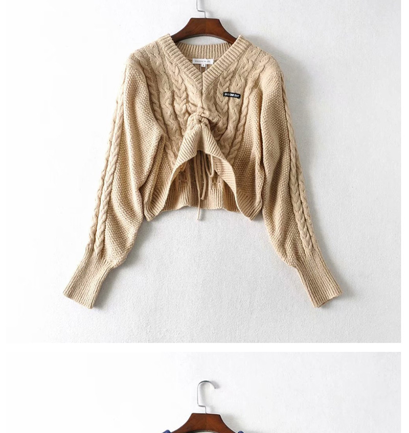 Fashion Camel V-neck Front Drawstring Pullover Loose Cropped Sweater,Sweater