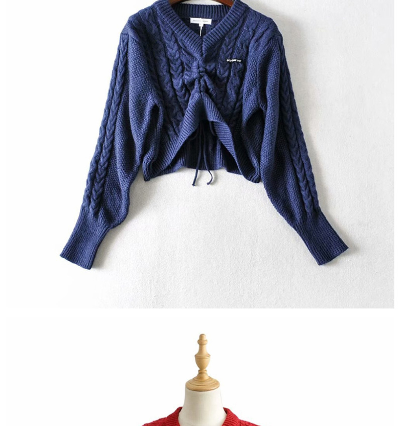 Fashion Navy Blue V-neck Front Drawstring Pullover Loose Cropped Sweater,Sweater
