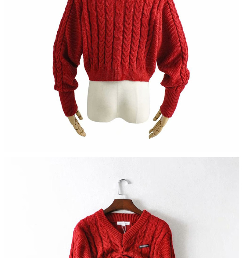 Fashion Crimson V-neck Front Drawstring Pullover Loose Cropped Sweater,Sweater