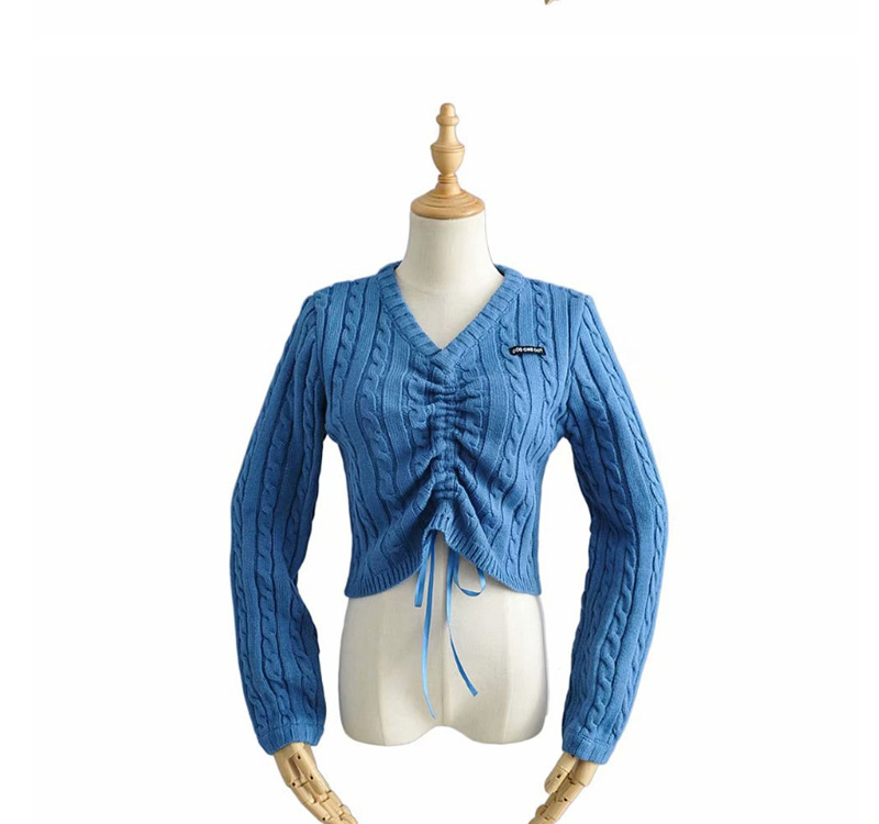 Fashion Blue Front Drawstring V-neck Pullover Short Sleeve Sweater,Sweater