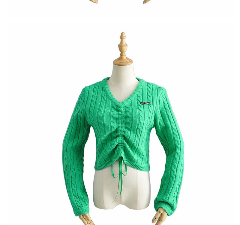 Fashion Green Front Drawstring V-neck Pullover Short Sleeve Sweater,Sweater