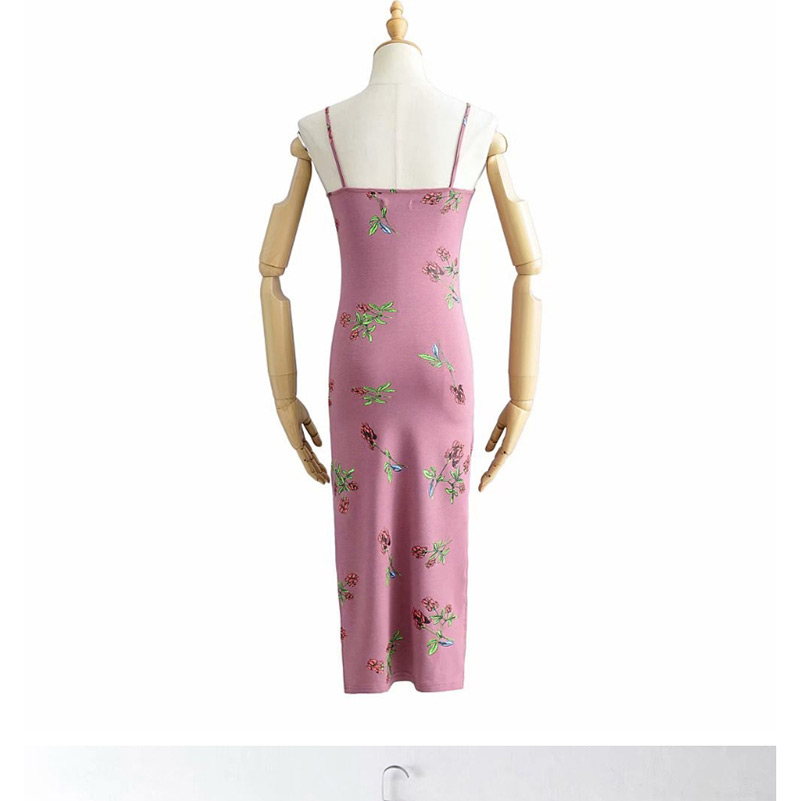 Fashion Pink Flower Print Camisole Side Slit Dress,Long Dress