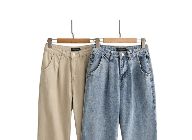 Fashion Khaki Washed Pleated High-rise Jeans,Pants