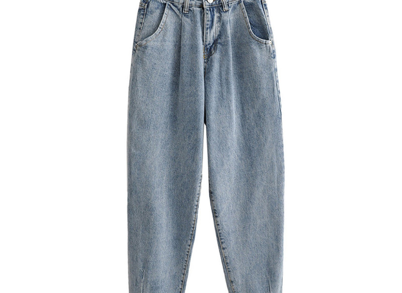 Fashion Blue Washed Pleated High-rise Jeans,One Pieces