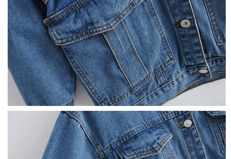 Fashion Denim Blue Multi-pocket Bow Belt Mid-length Denim Jacket,Coat-Jacket