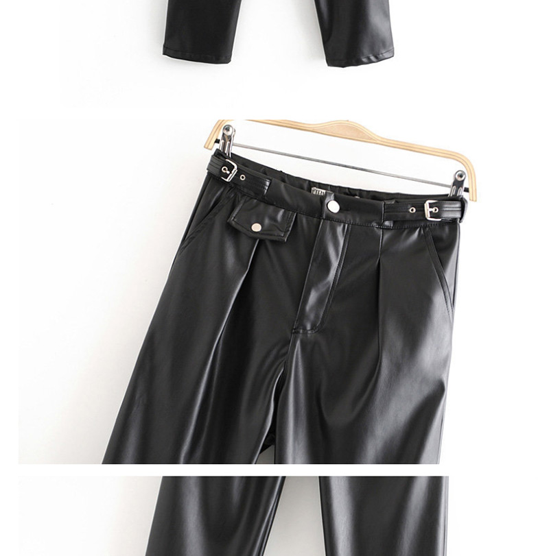Fashion Black Faux Pu Leather Tooling Loose Straight Pants,Pants