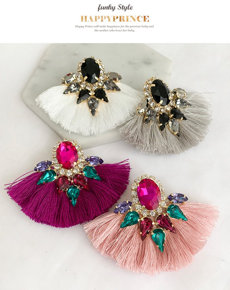 Fashion Leather Pink Alloy Diamond Drop Fringe Stud Earrings,Drop Earrings