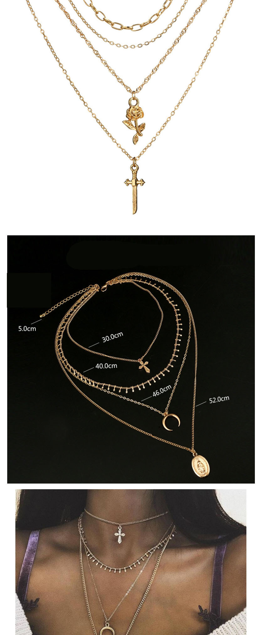 Fashion Golden Cross Disc Star Bead Multilayer Necklace,Multi Strand Necklaces