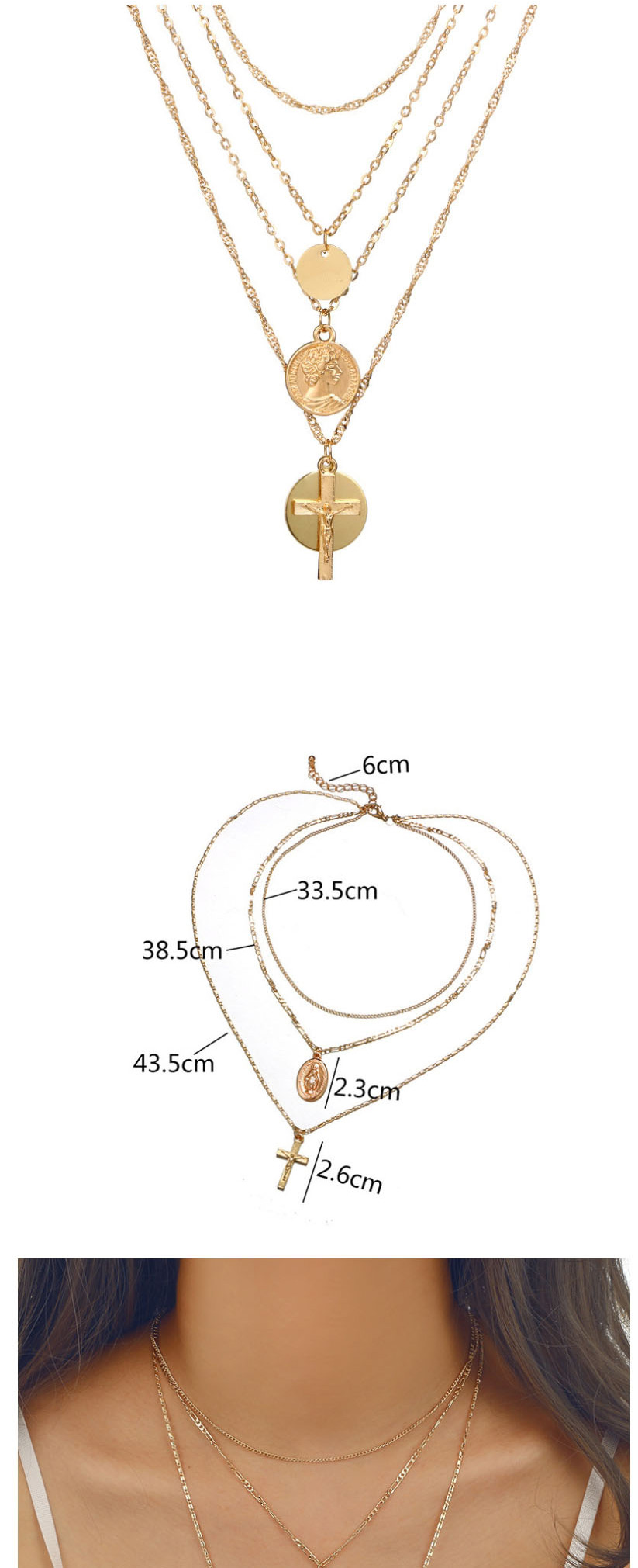 Fashion Golden Cross Oval Portrait Multilayer Necklace,Multi Strand Necklaces