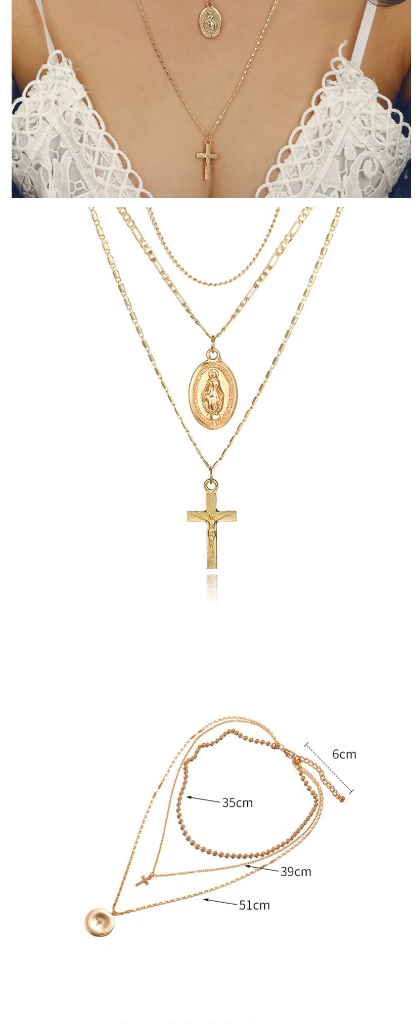 Fashion Golden Cross Moon Oval Portrait Multilayer Necklace,Multi Strand Necklaces