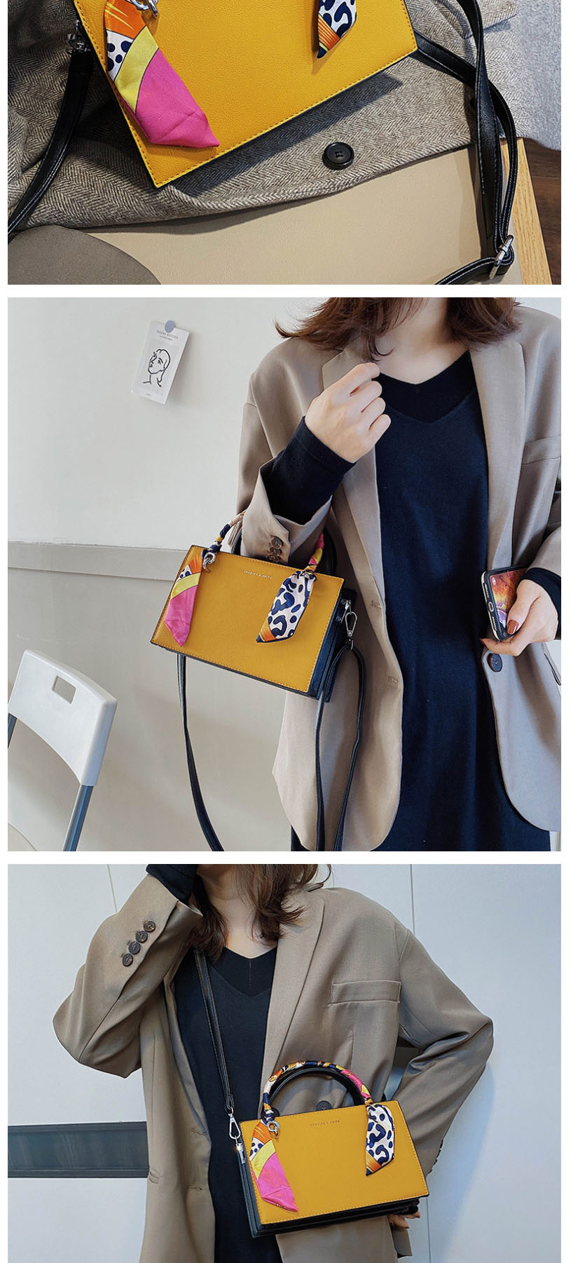 Fashion Yellow Scarf Wrapped Bronzing Monogram Shoulder Crossbody Bag,Handbags