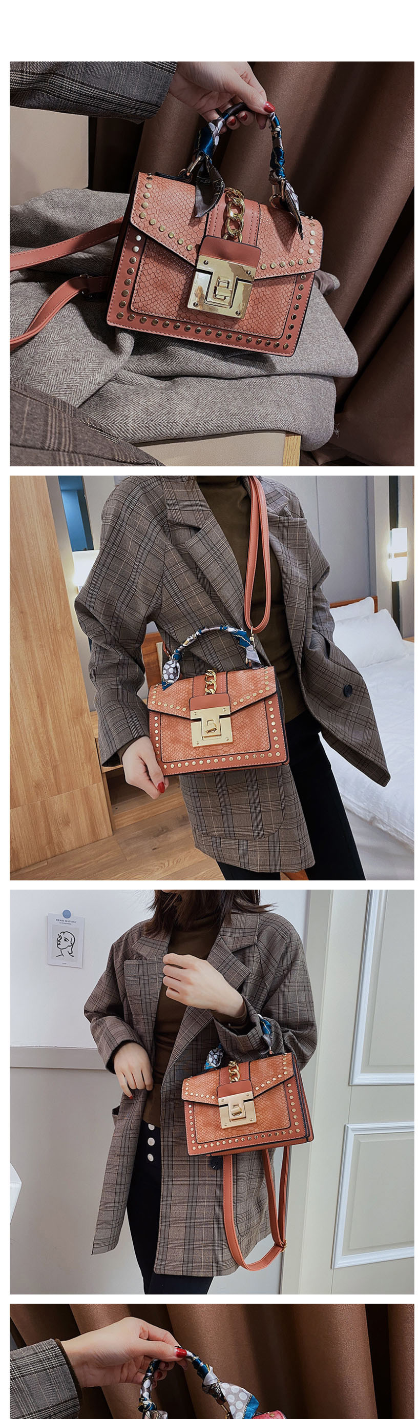Fashion Light Grey Scarf One Shoulder Snake Stud Crossbody Bag,Handbags