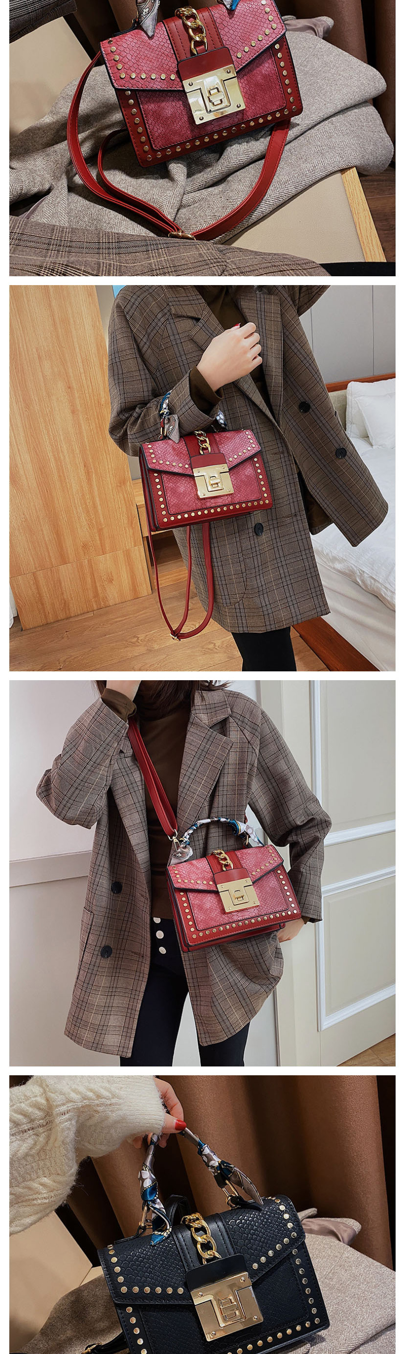 Fashion Brown Scarf One Shoulder Snake Stud Crossbody Bag,Handbags