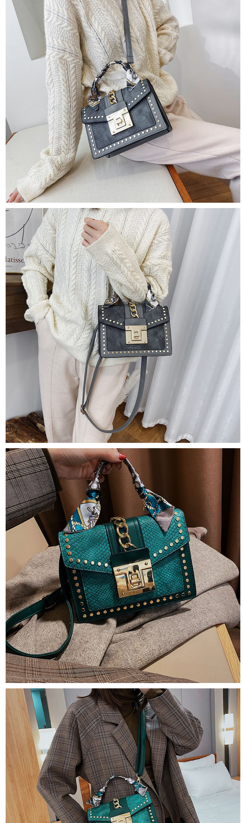 Fashion Light Grey Scarf One Shoulder Snake Stud Crossbody Bag,Handbags