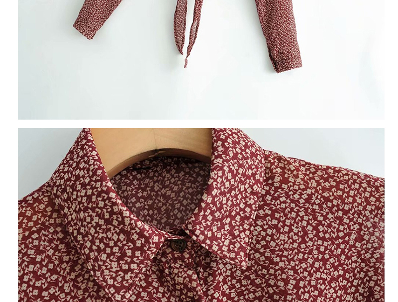 Fashion Dark Red Single-breasted Shirt With Lapel Collar And Small Floral Print,Hair Crown
