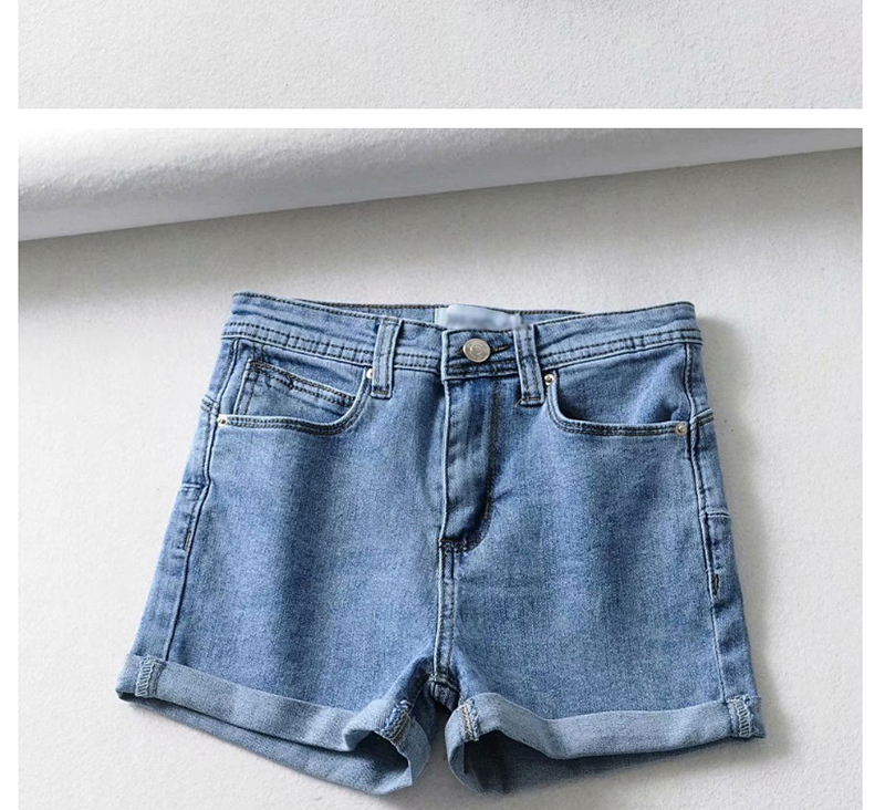 Fashion Light Blue Washed Back Pointed Pocket Denim Shorts,Denim