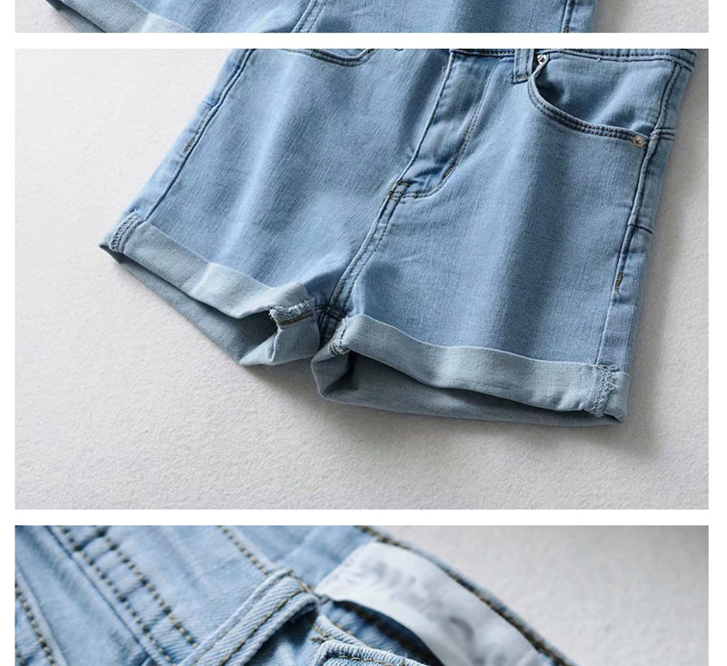 Fashion Light Blue Washed Back Pointed Pocket Denim Shorts,Denim