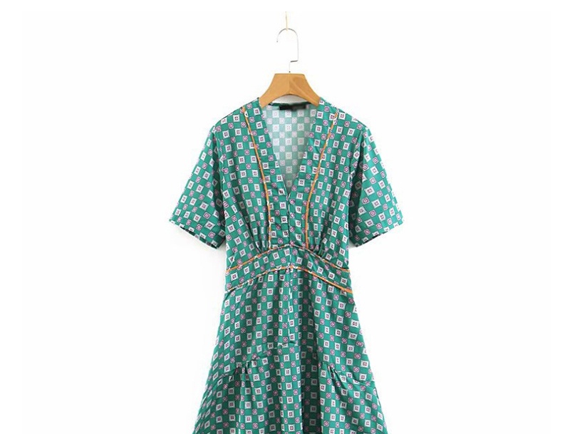 Fashion Green V-neck Dress With Printed Contrast Stitching,Mini & Short Dresses