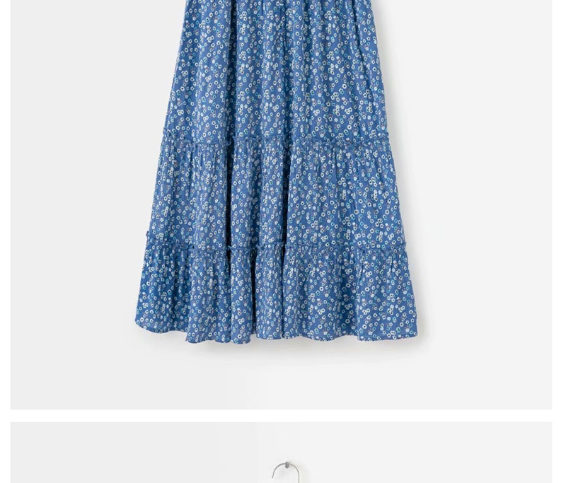 Fashion Blue Flower Print Suspender V-neck Open Back Dress,Long Dress
