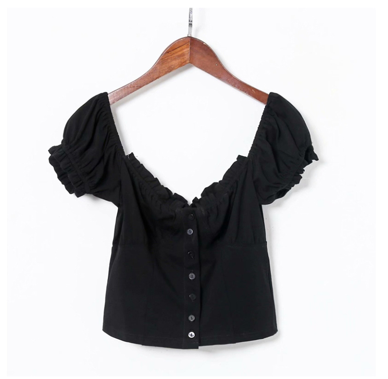 Fashion White Lace Square Collar Stretch-knit Single-breasted Puff Sleeve Shirt,Blouses