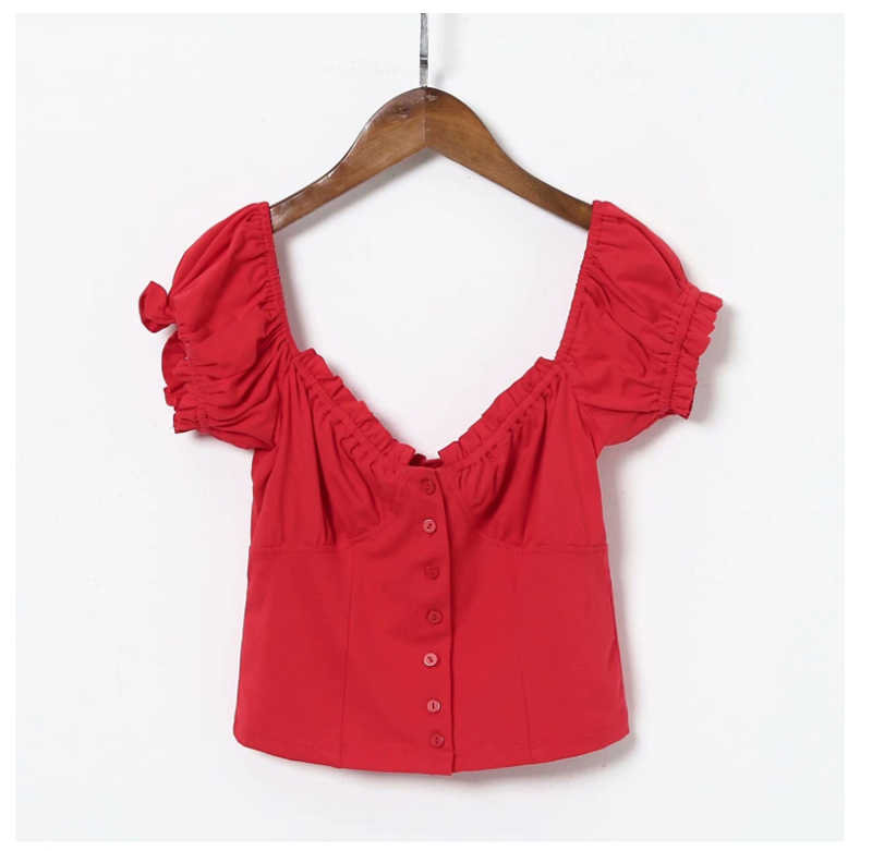 Fashion Red Lace Square Collar Stretch-knit Single-breasted Puff Sleeve Shirt,Blouses
