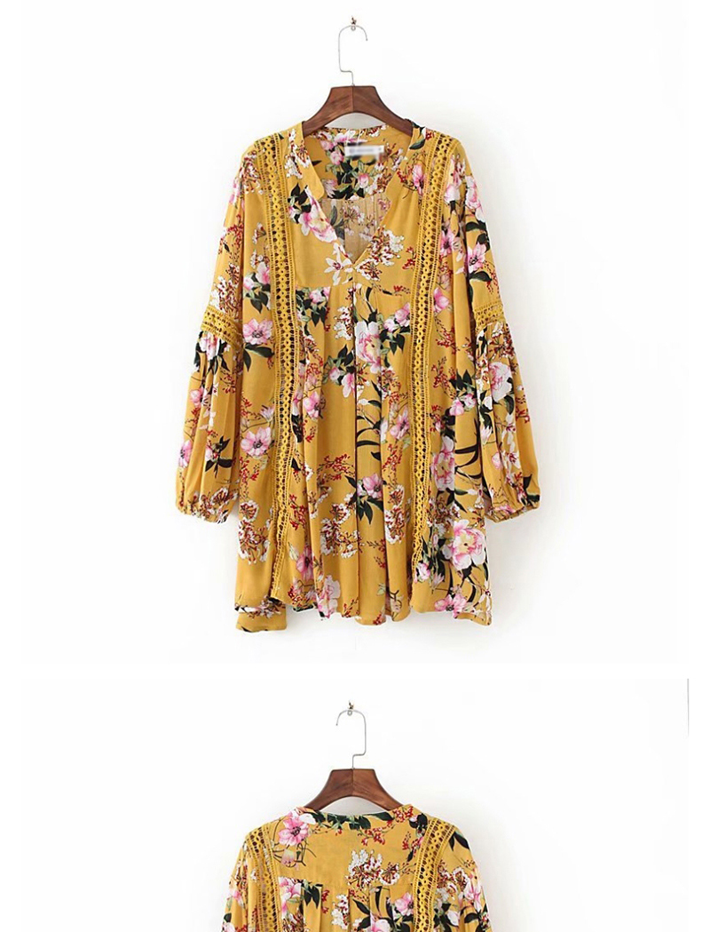 Fashion Yellow Flower Print Cutout V-neck Dress,Mini & Short Dresses