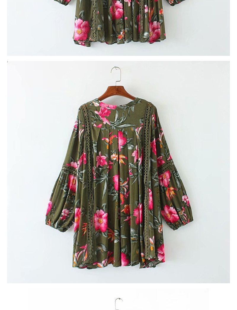 Fashion Green Flower Print Cutout V-neck Dress,Mini & Short Dresses
