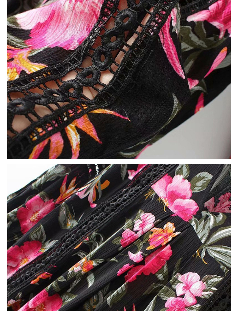 Fashion Black Flower Print Cutout V-neck Dress,Mini & Short Dresses