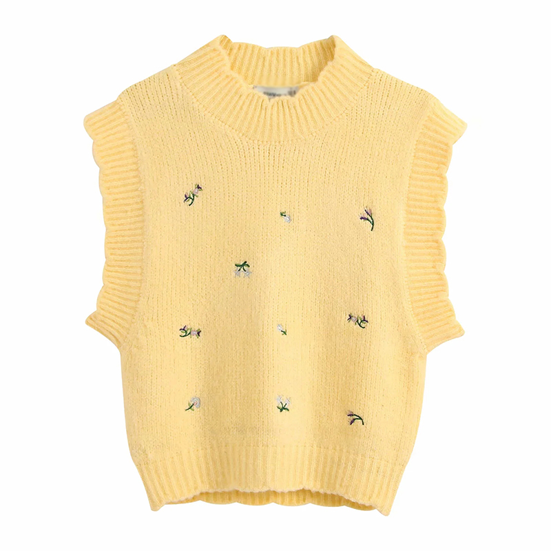Fashion Yellow Floral Embroidered Knit Vest,Sweater