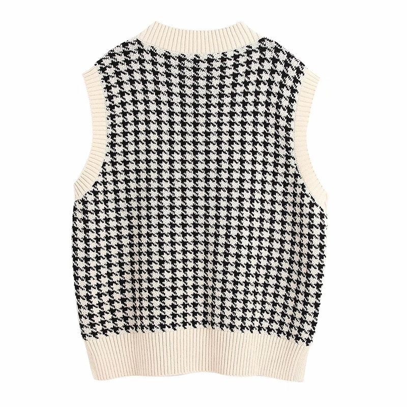 Fashion White Contrast-knit Houndstooth V-neck Hem Split Vest,Sweater