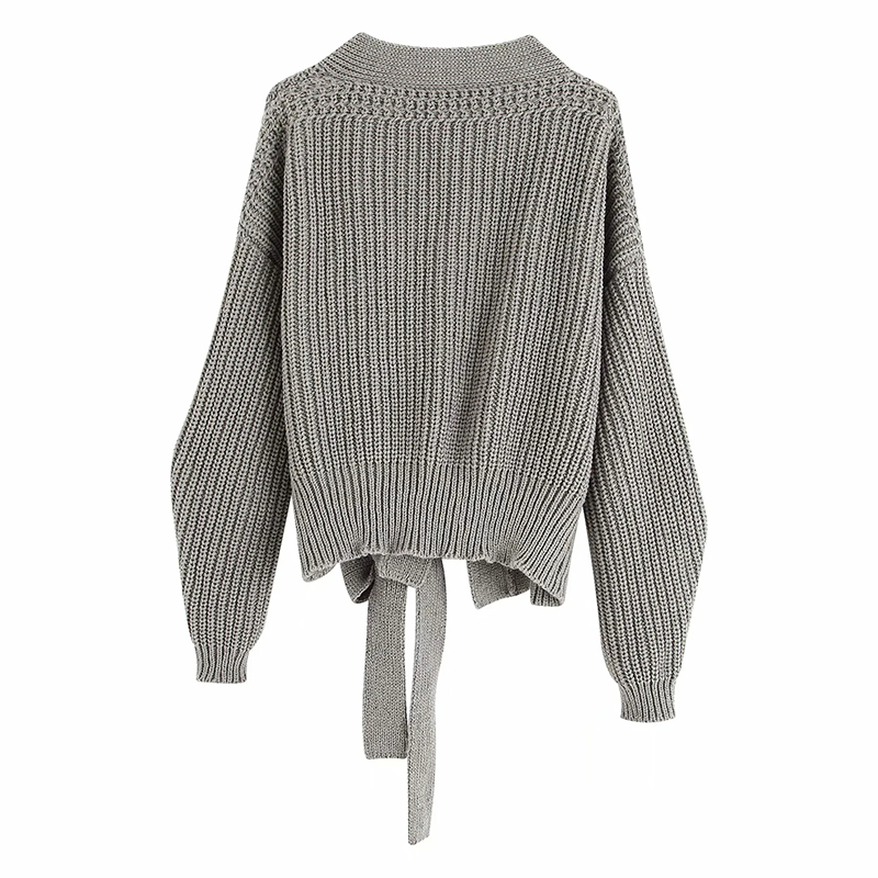 Fashion Cream Color Knit V-neck Sweater With Belt,Sweater