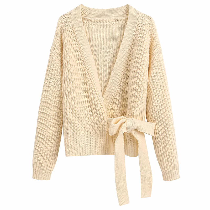 Fashion Cream Color Knit V-neck Sweater With Belt,Sweater