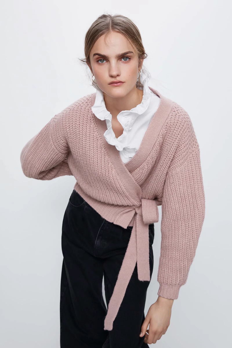 Fashion Pink Knit V-neck Sweater With Belt,Sweater