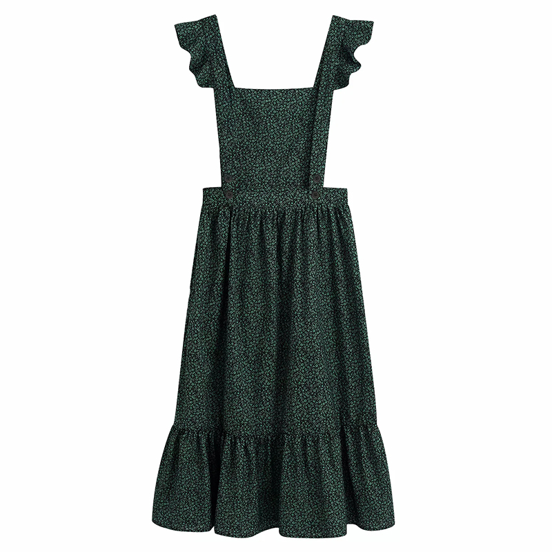 Fashion Dark Green Ruffled Print Strap Dress,Long Dress