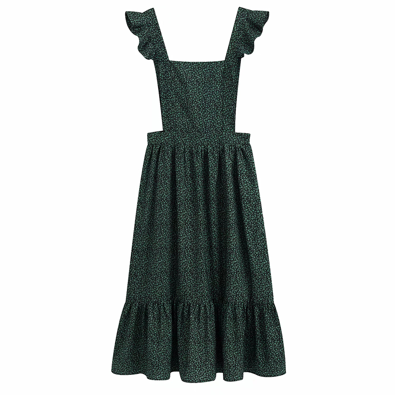 Fashion Dark Green Ruffled Print Strap Dress,Long Dress