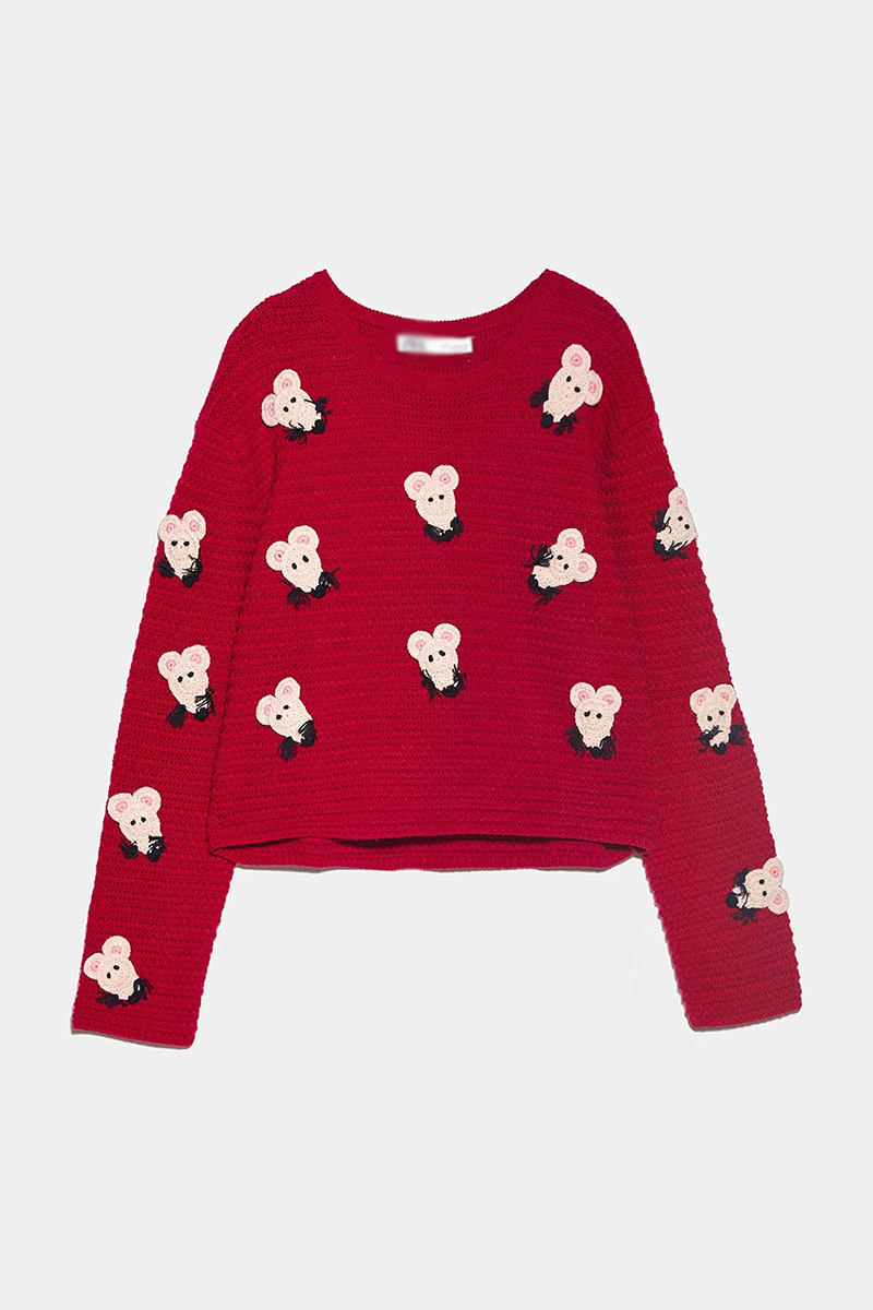 Fashion Red Animal Embroidered Knitted Sweater,Sweater
