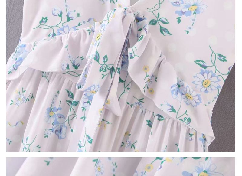 Fashion White Bow Flower Print V-neck Dress,Long Dress