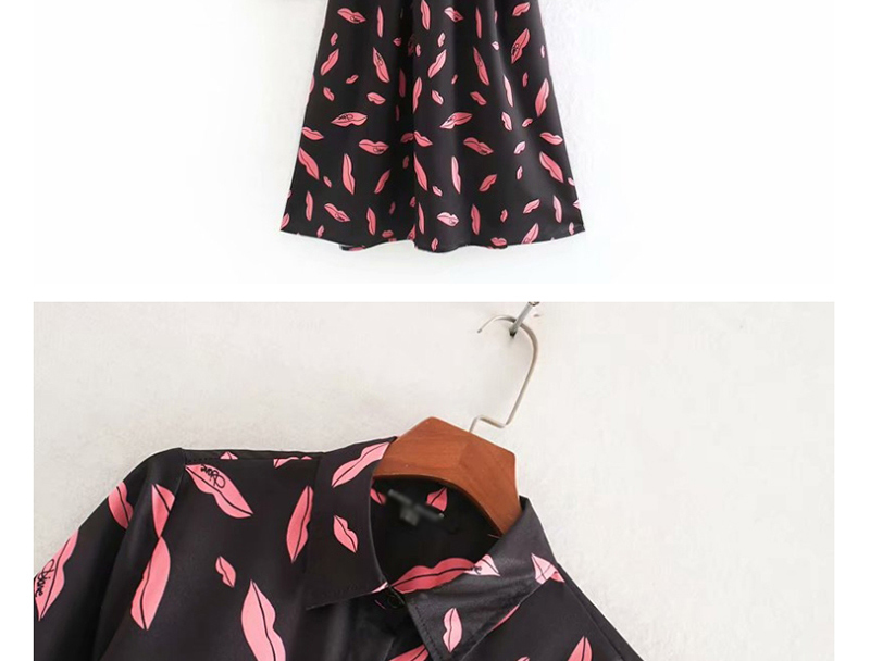 Fashion Black Flower-print Lapel Single-breasted Lace Dress,Long Dress