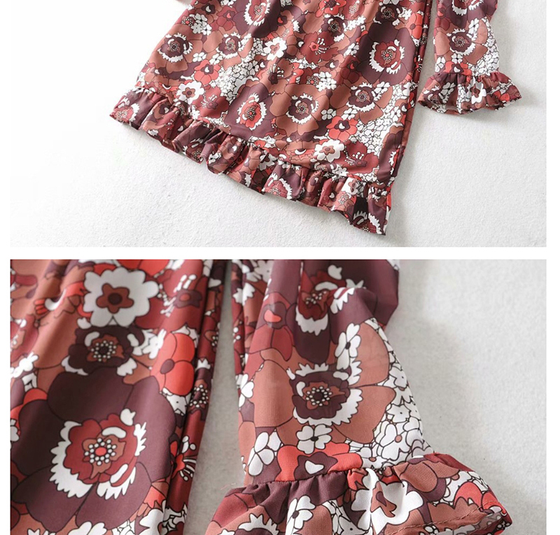 Fashion Coffee Color Flower Print Chiffon Ruffled Dress,Mini & Short Dresses