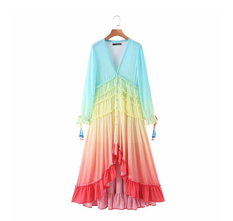 Fashion Color Gradient V-neck Fringed Dress,Long Dress