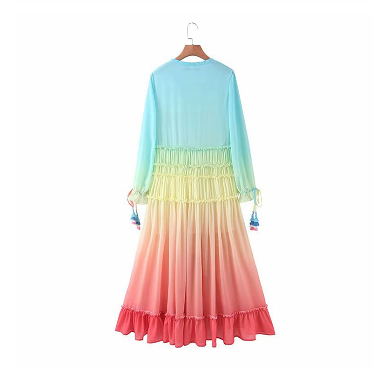 Fashion Color Gradient V-neck Fringed Dress,Long Dress
